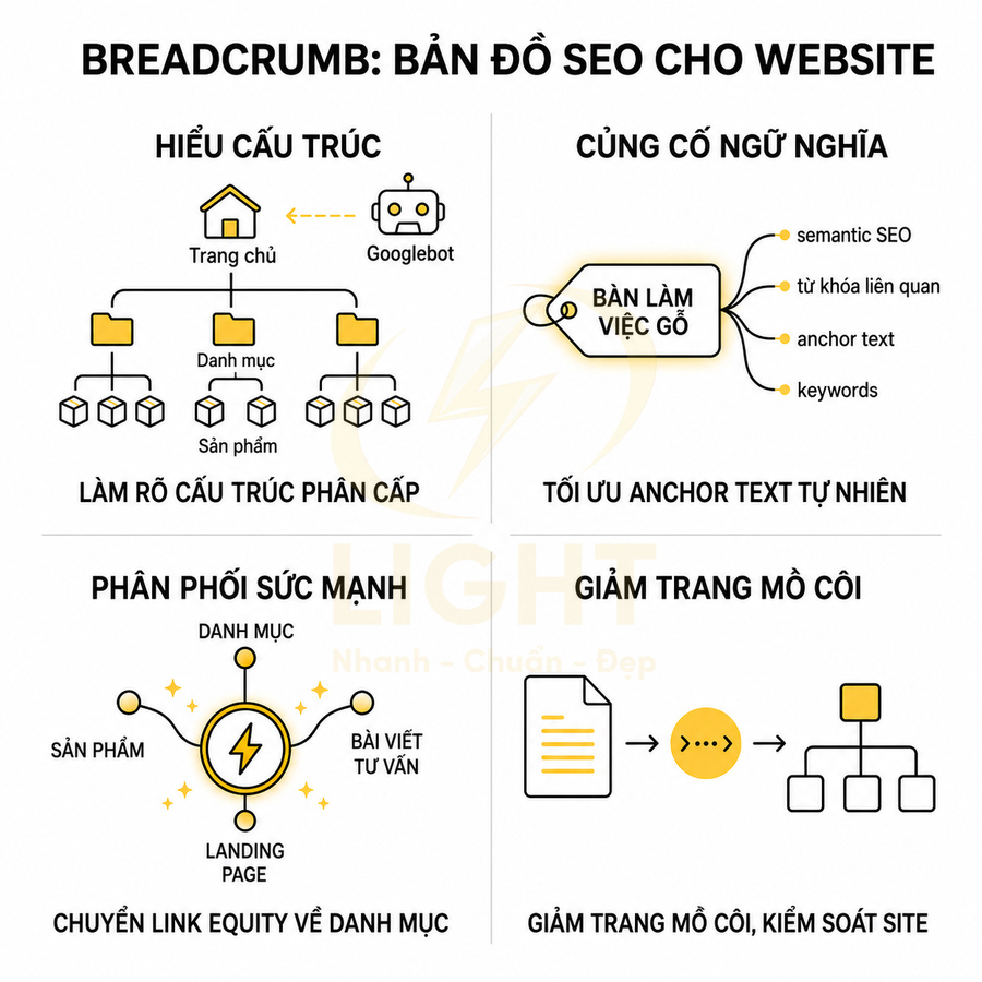 Infographic breadcrumb bản đồ SEO cho website, giải thích lợi ích breadcrumb trong cấu trúc và tối ưu SEO
